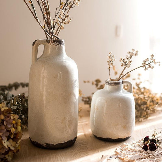Binglie glazed pottery vases with single handle (set of 2), beige ceramic with dark bases on Tampa Home & Garden Store