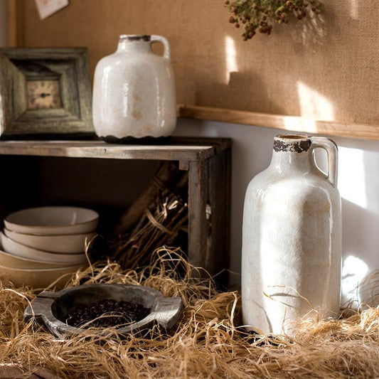 Two Binglie glazed pottery vases with single handles, white ceramic, rustic farmhouse decor on Tampa Home & Garden Store