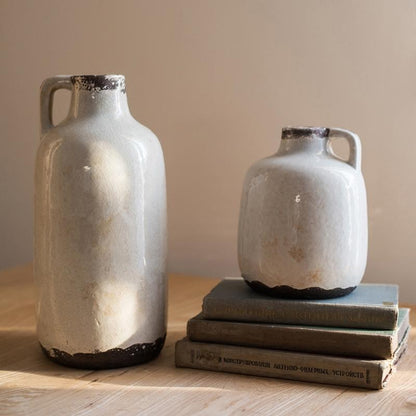 Two Binglie glazed pottery vases by RusticReach; gray ceramic vessels with single handles on Tampa Home & Garden Store