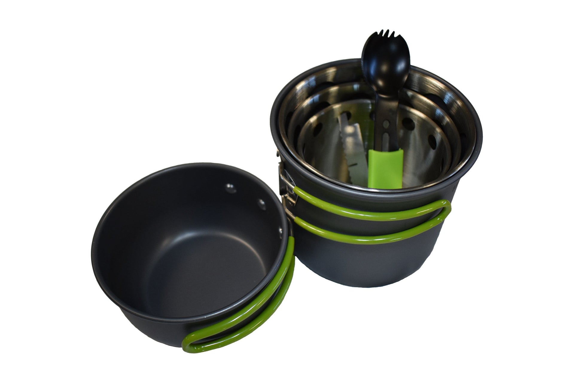 Bio Stove Cooking Kit camping cookware with lime green handles and metal insert black utensil on Tampa Home & Garden Store