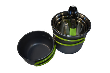 Bio Stove Cooking Kit camping cookware with lime green handles and metal insert black utensil on Tampa Home & Garden Store