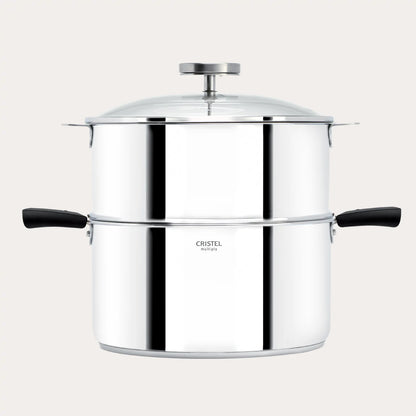 CRISTEL BIOME stock pot with glass lid, polished stainless steel, black side handles on Tampa Home & Garden Store