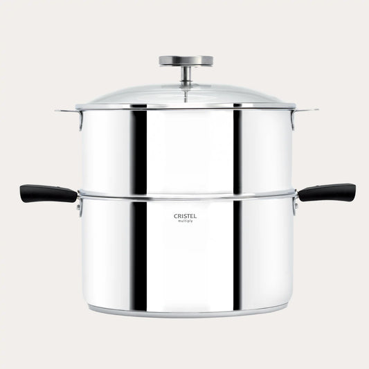 CRISTEL BIOME stock pot with glass lid, polished stainless steel, black side handles on Tampa Home & Garden Store