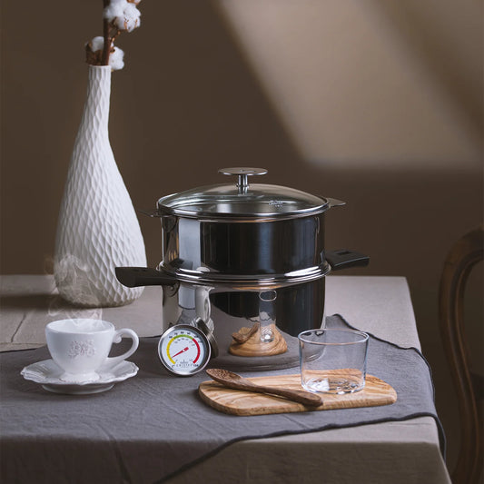 CRISTEL BIOME stainless steel stock pot with glass lid and black handles on Tampa Home & Garden Store