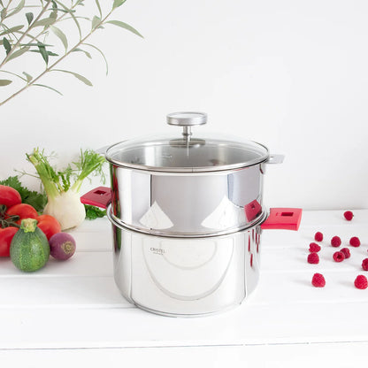 BIOME Healthy Cooking steamer pot with glass lid, stainless steel, pink handles CRISTEL USA on Tampa Home & Garden Store