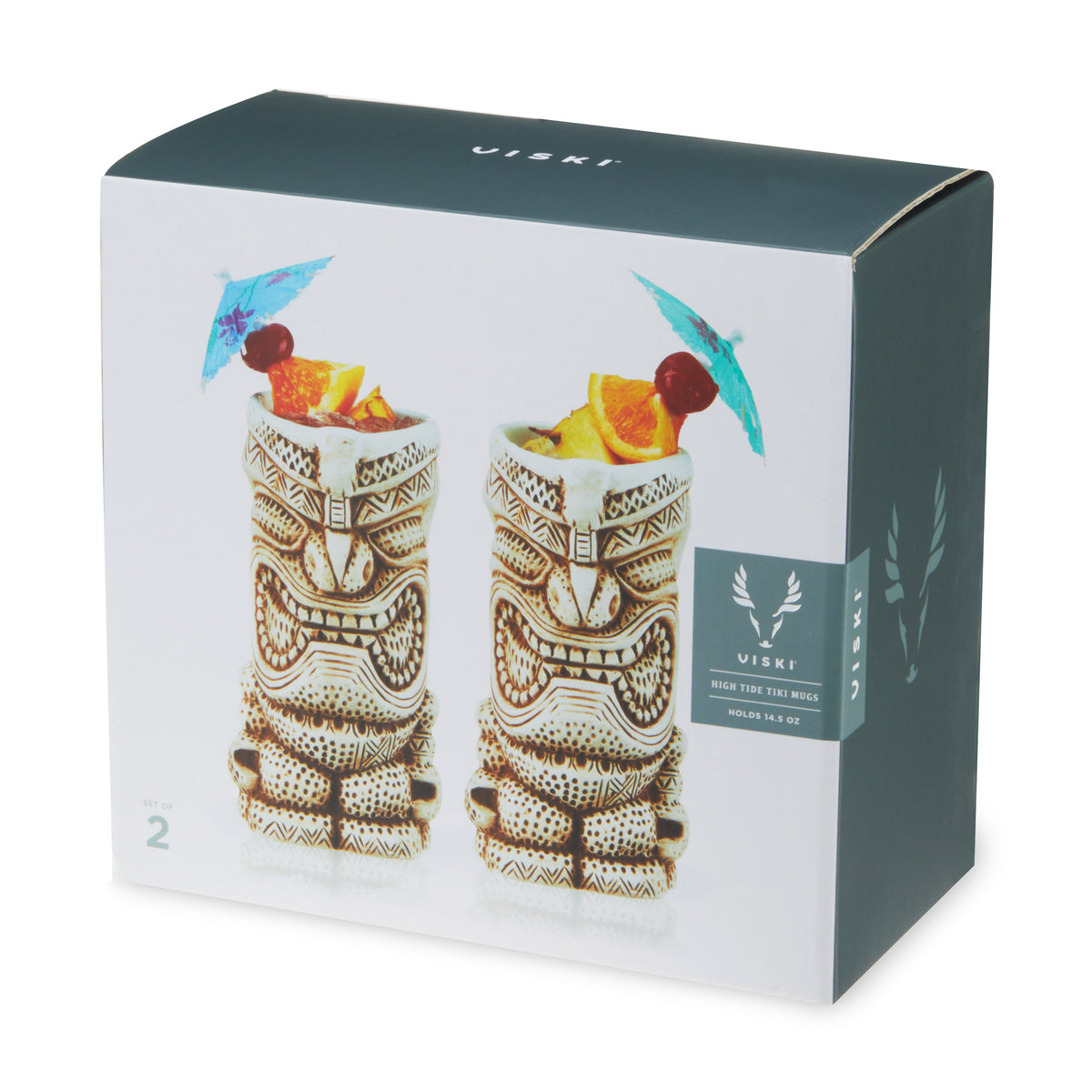 Pacific High Tide Tiki Mugs 2 stemless cocktail glasses Viski on teal box on Tampa Home & Garden Store