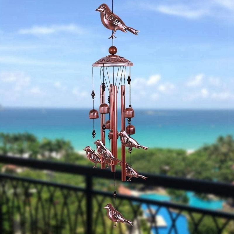 Stevvex copper wind chimes with bird motifs, aluminum tubes, wall hanging decor on Tampa Home & Garden Store