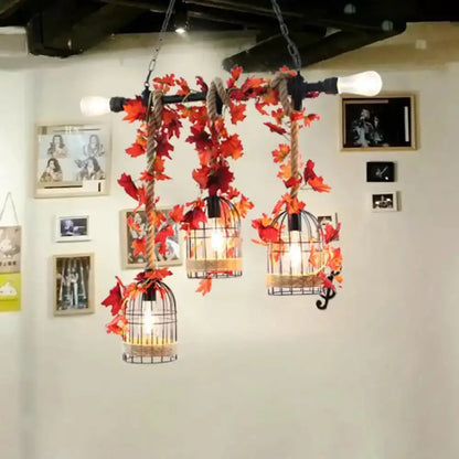 Rustic Birdcage Rope Light Pendant Autumn Leaves