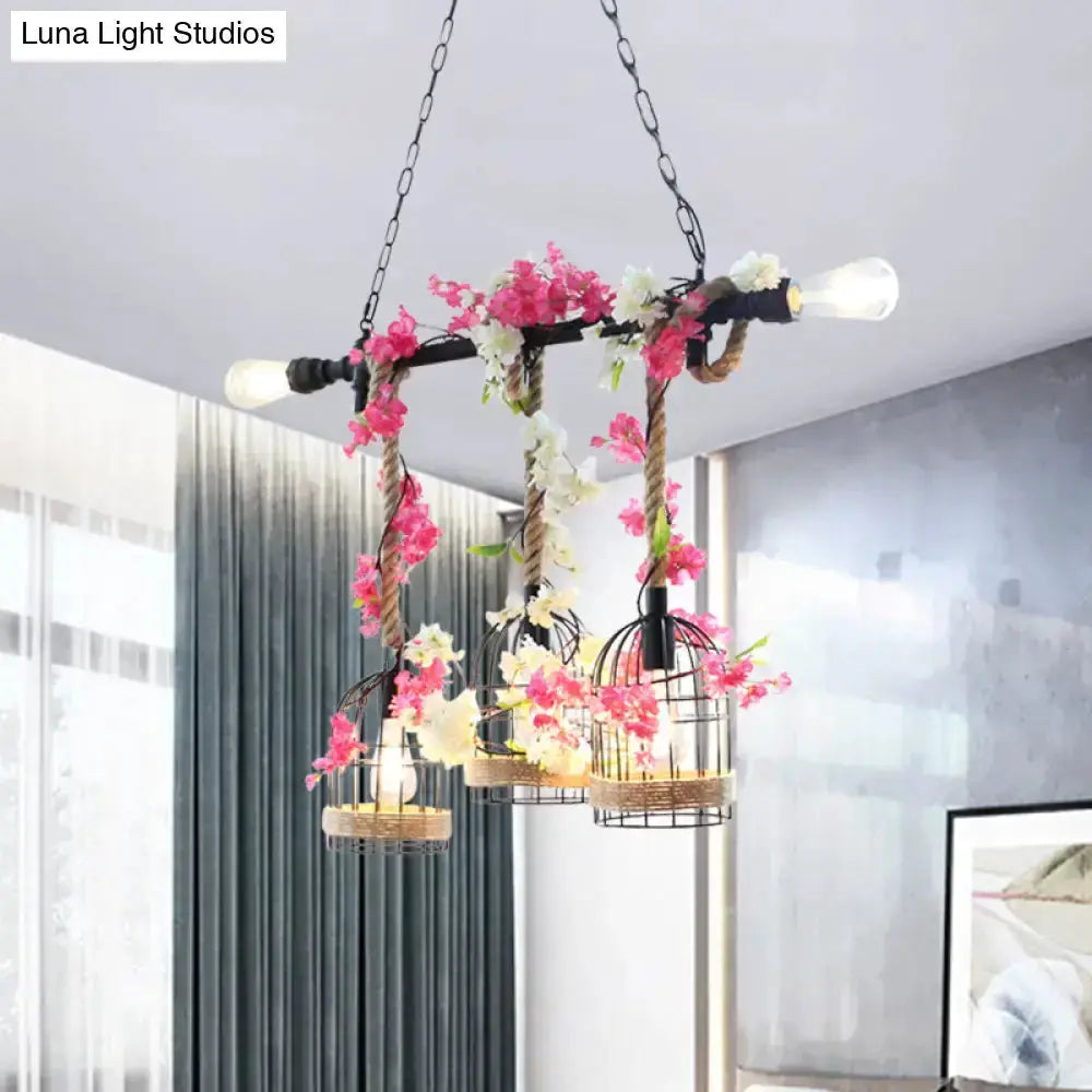 Rustic Birdcage Rope Light Pendant Autumn Leaves