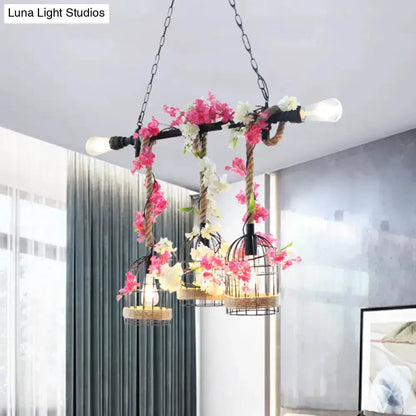 Rustic Birdcage Rope Light Pendant Autumn Leaves