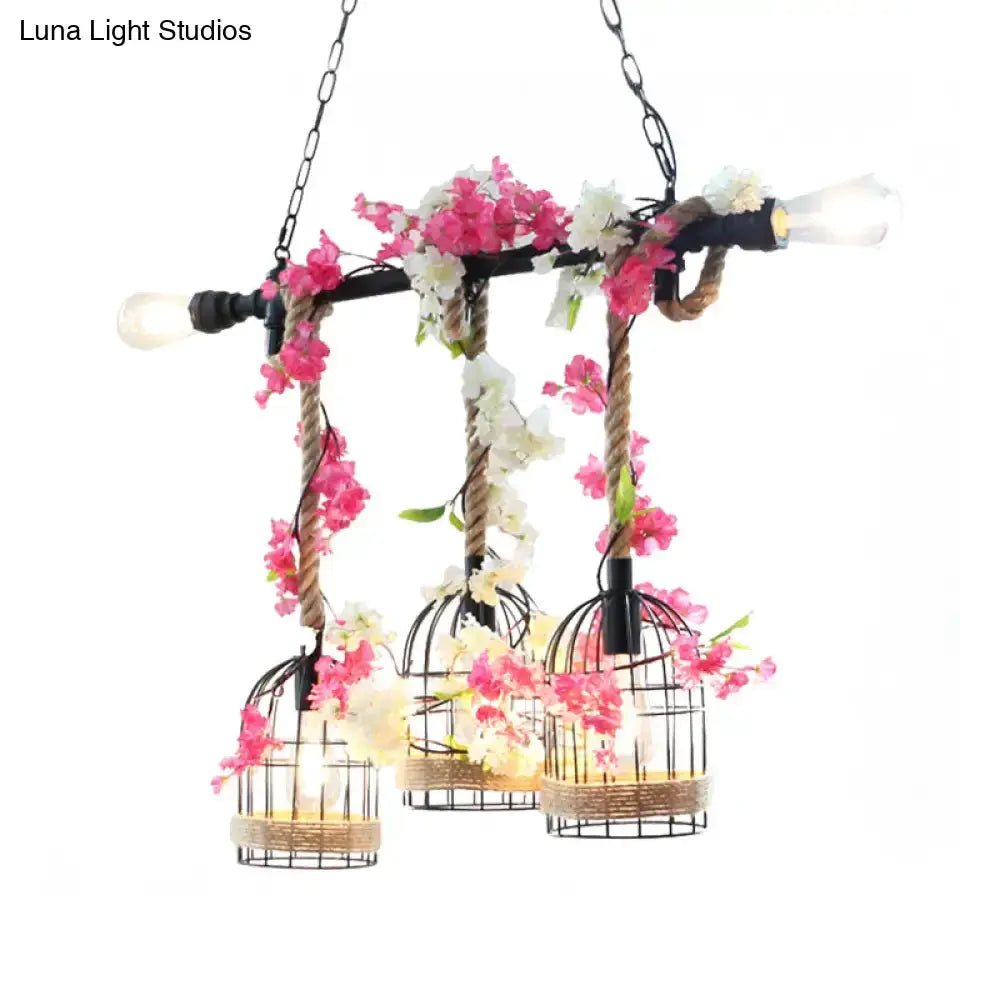 Rustic Birdcage Rope Light Pendant Autumn Leaves