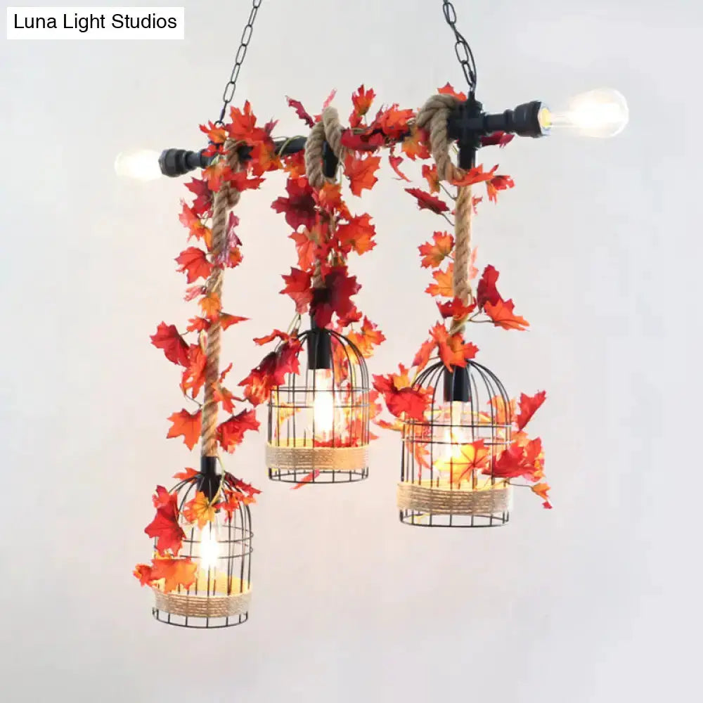 Rustic Birdcage Rope Light Pendant Autumn Leaves