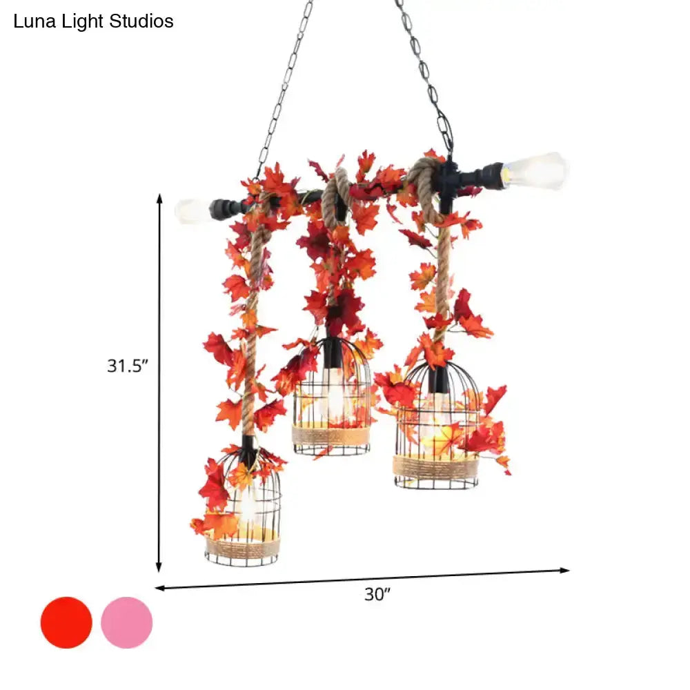 Rustic Birdcage Rope Light Pendant Autumn Leaves
