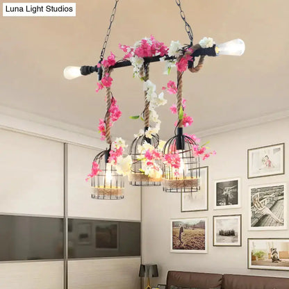 Rustic Birdcage Rope Light Pendant Autumn Leaves
