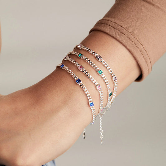 Alex and Ani September Sapphire Curb Chain Bracelets five silver bracelets with square stones on Tampa Home & Garden Store