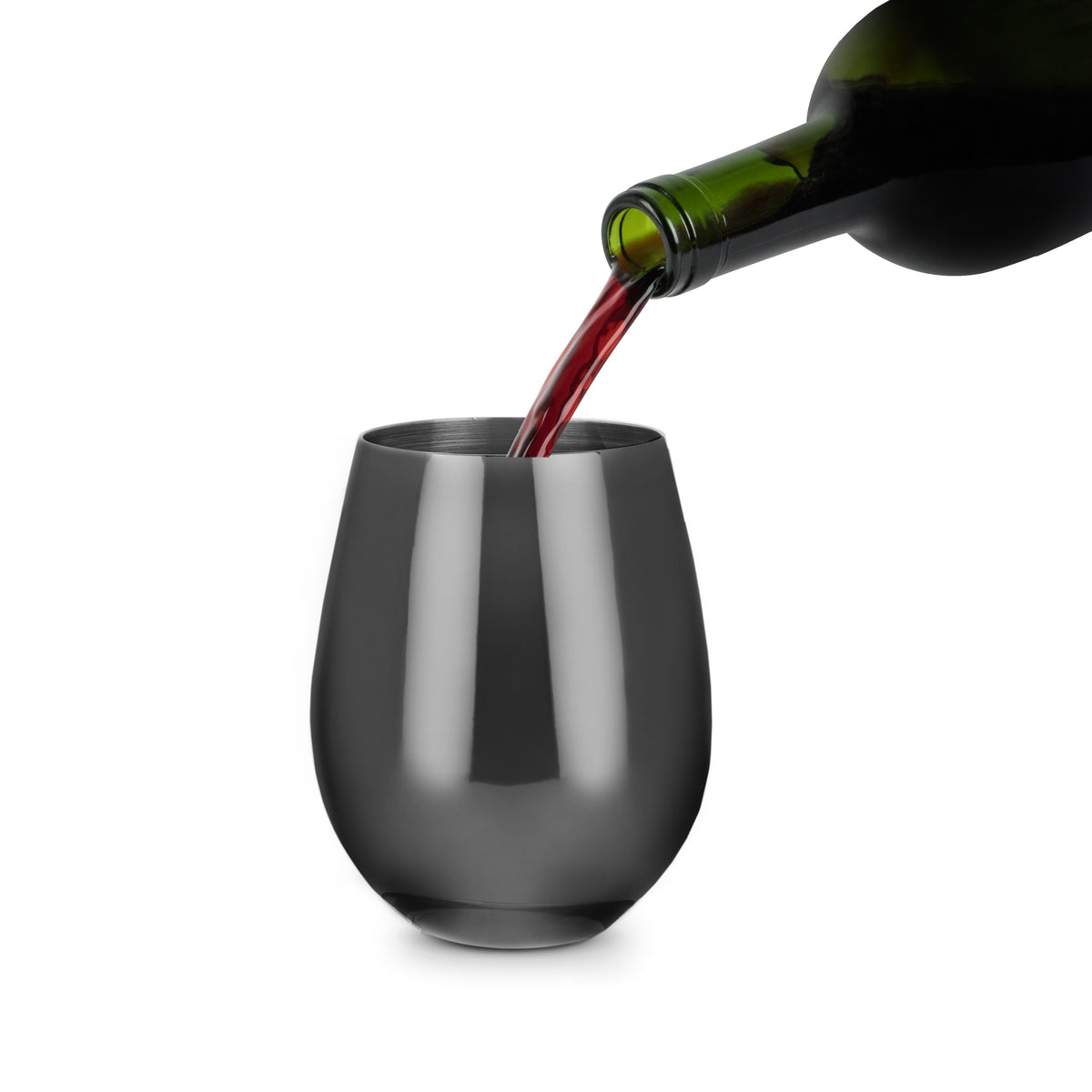 Viski gunmetal stainless steel stemless wine glass set of 2 being poured with red wine on Tampa Home & Garden Store