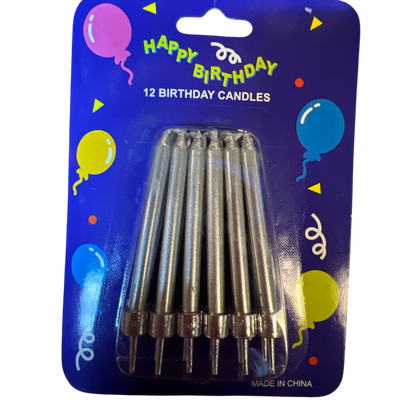 Velas de cumpleaños plateadas metalizadas en portavelas - Juego de 12