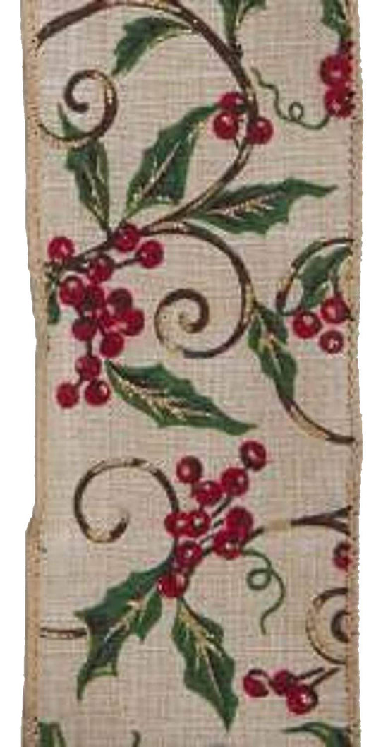 Holly Print Wire Ribbon - 2.5" x 10 Yards - Tampa Home & Garden Store
