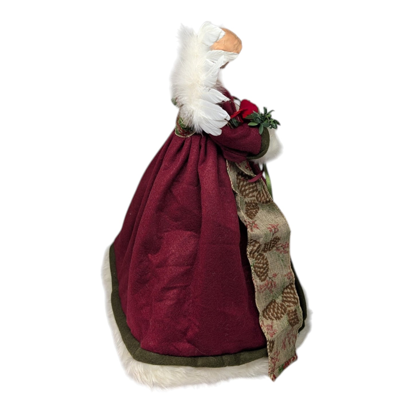 Cardinal angel tree topper in red velvet cloak with fur trim and scarf on Tampa Home & Garden Store