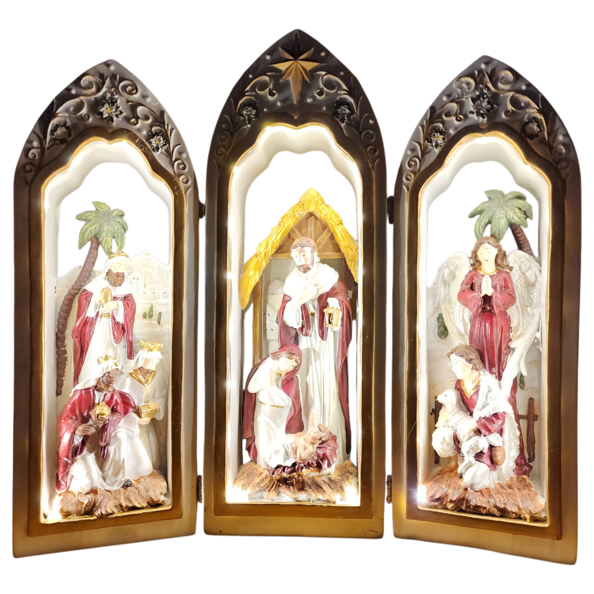 Lighted Holy Family Triptych nativity set with pearlized finish and scrollwork, 3 arched panels on Tampa Home & Garden Store