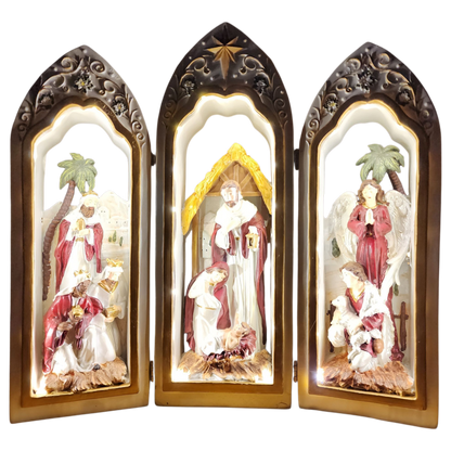 Lighted Holy Family Triptych nativity set with pearlized finish and scrollwork, 3 arched panels on Tampa Home & Garden Store