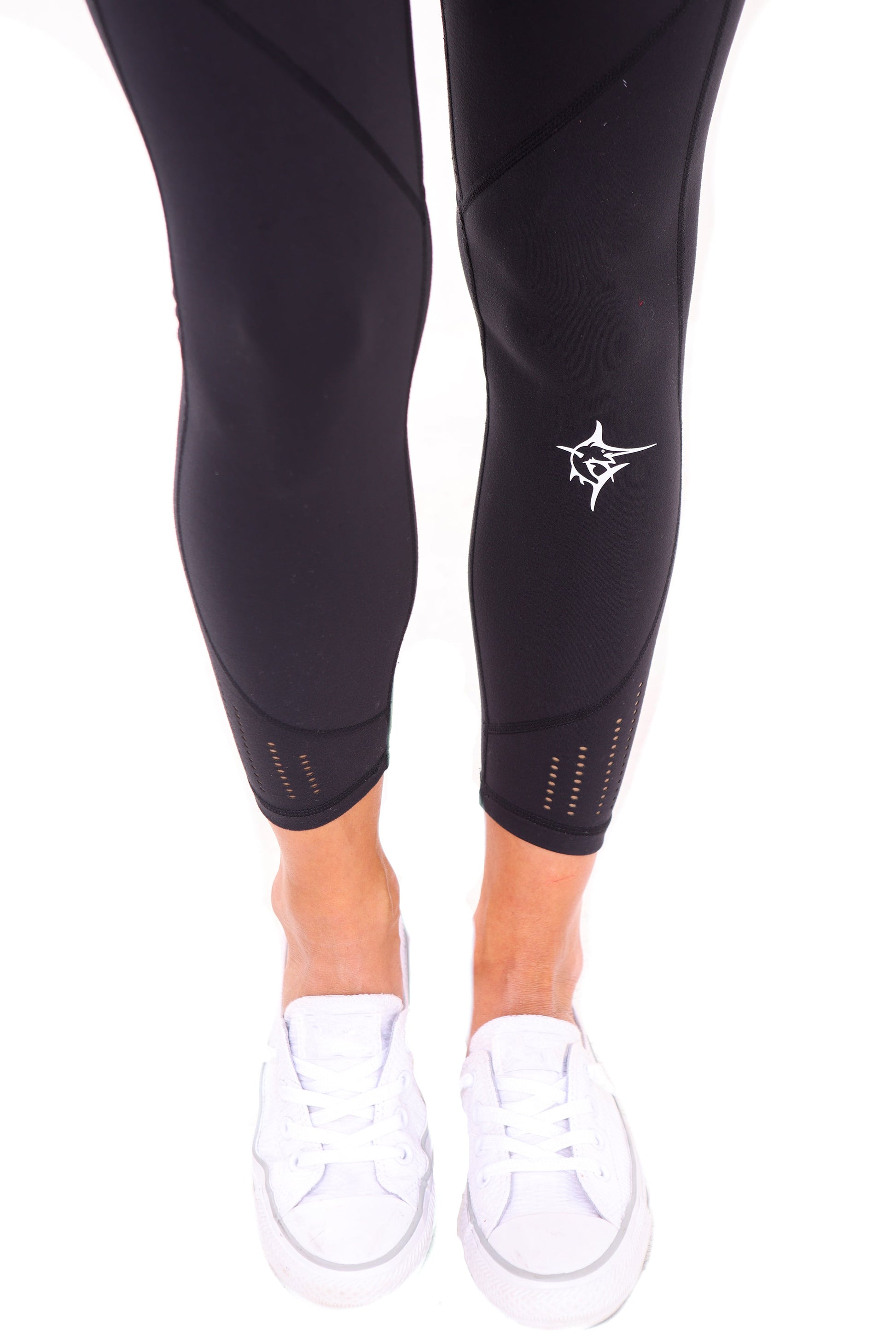 HydroFlex Cut Out Leggings White Water Life black leggings with calf vents and white logo on Tampa Home & Garden Store