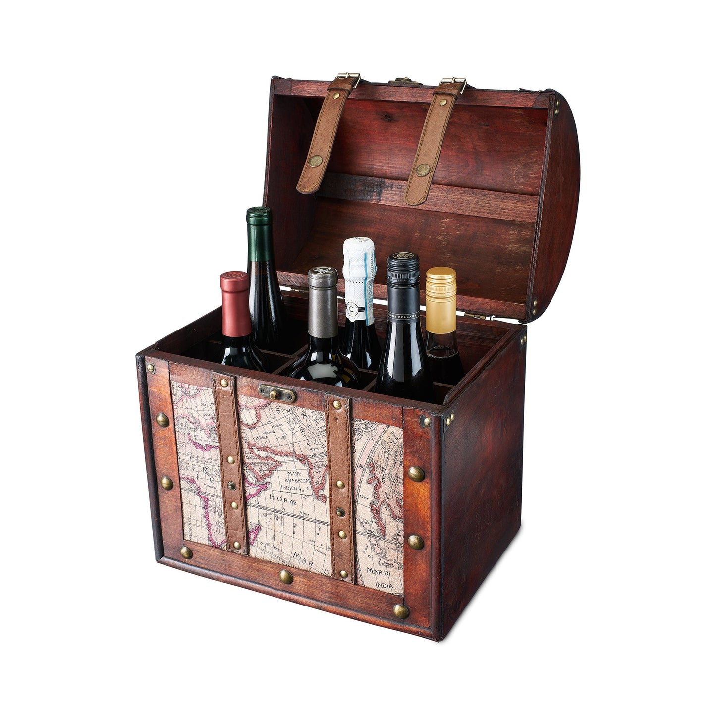 Six Bottle Old World Teak and Leather Wine Box