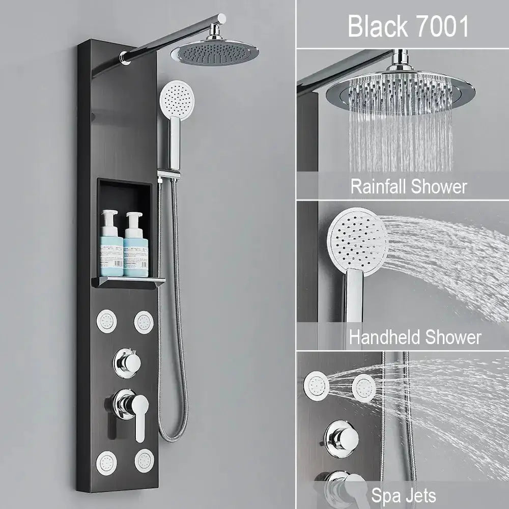 Black and Chrome Rainfall Shower Panel with Rack