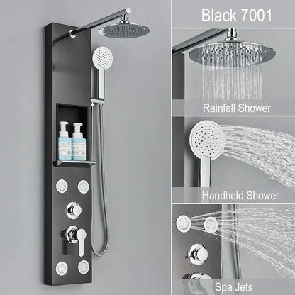 Black and Chrome Rainfall Shower Panel with Rack