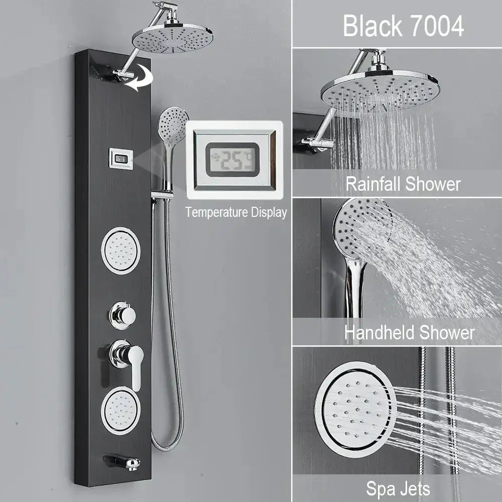 Black and Chrome Rainfall Shower Panel with Rack