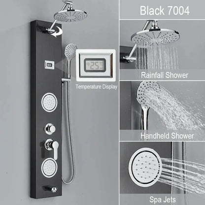 Black and Chrome Rainfall Shower Panel with Rack