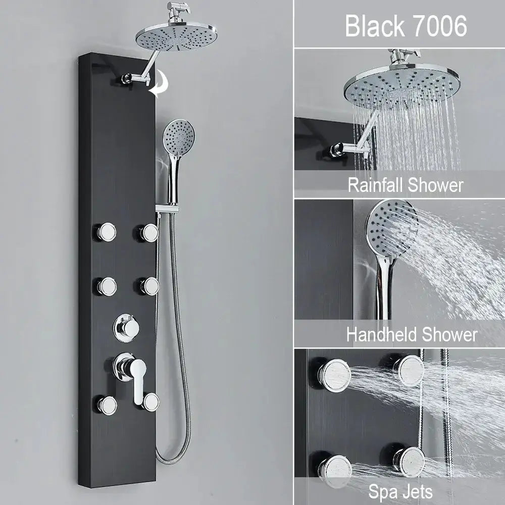 Black and Chrome Rainfall Shower Panel with Rack