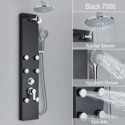 Black and Chrome Rainfall Shower Panel with Rack