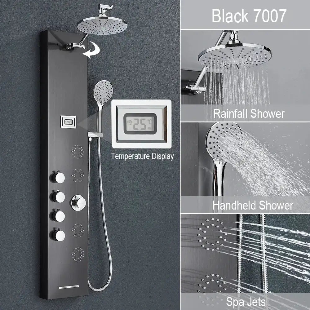Black and Chrome Rainfall Shower Panel with Rack