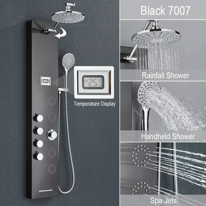 Black and Chrome Rainfall Shower Panel with Rack