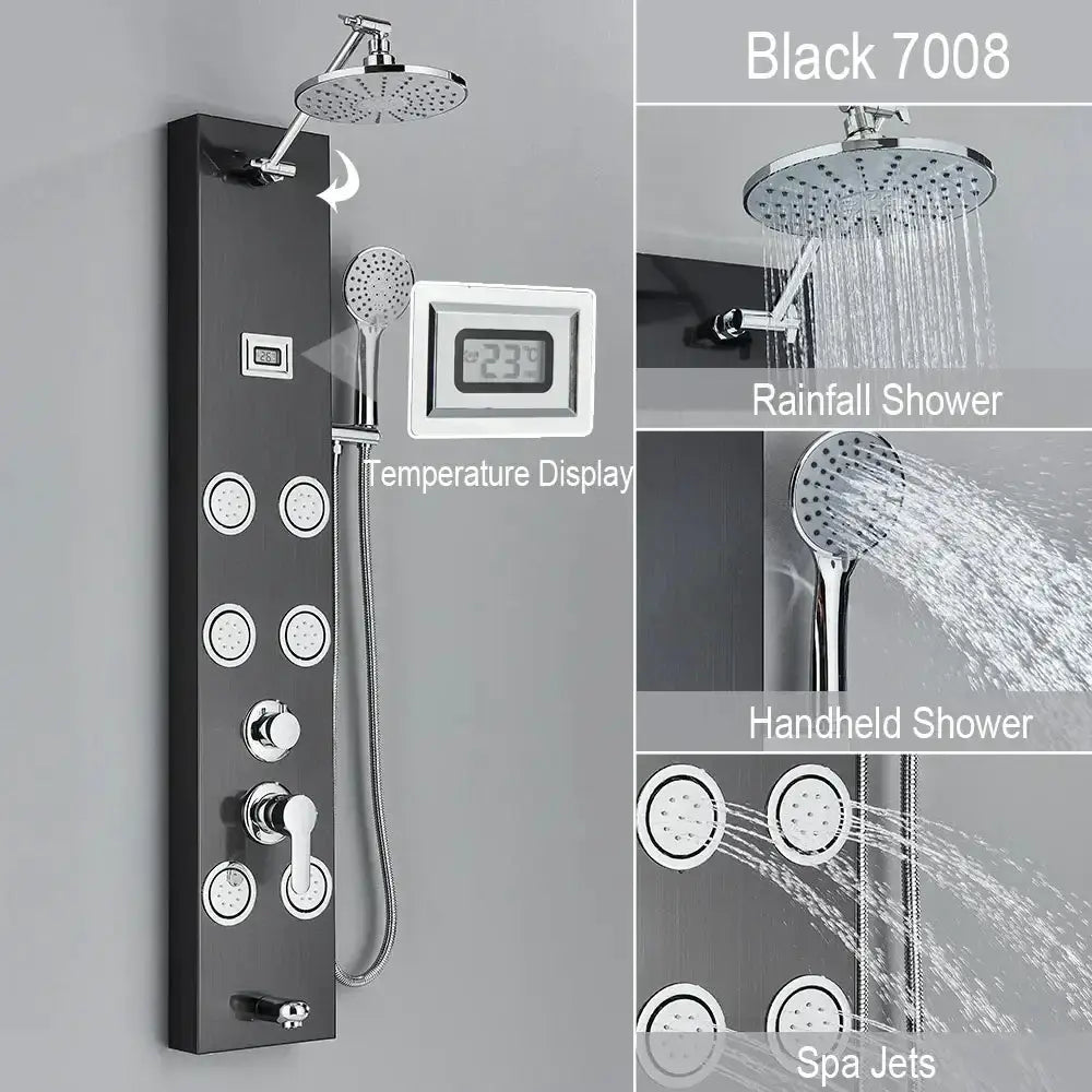 Black and Chrome Rainfall Shower Panel with Rack