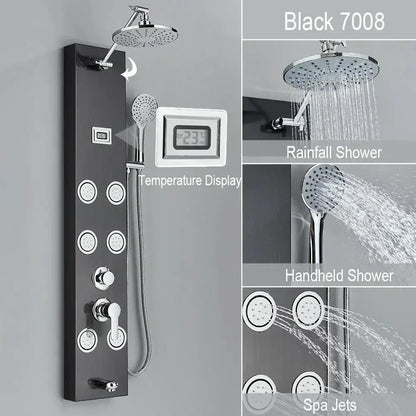 Black and Chrome Rainfall Shower Panel with Rack