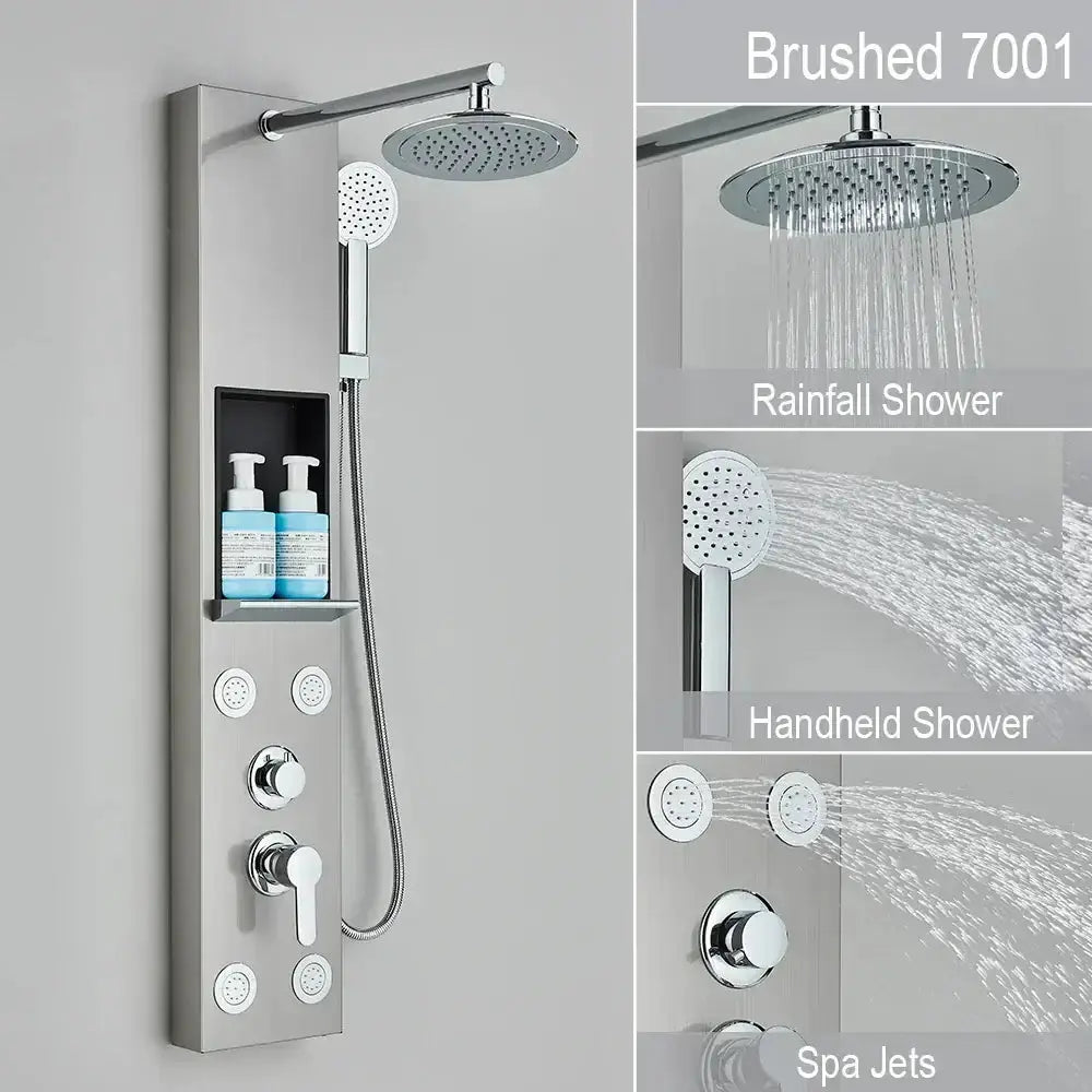 Black and Chrome Rainfall Shower Panel with Rack
