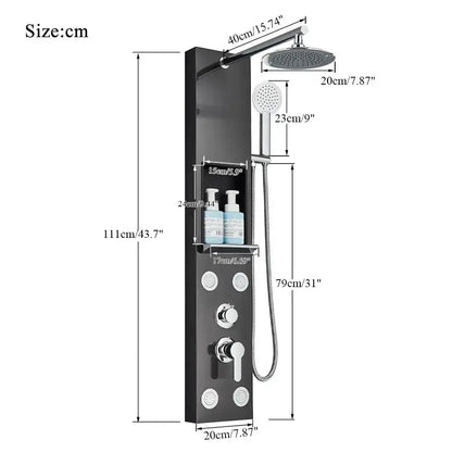 Black and Chrome Rainfall Shower Panel with Rack
