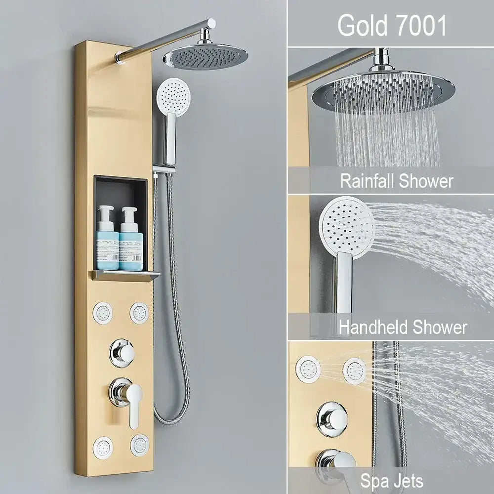 Black and Chrome Rainfall Shower Panel with Rack