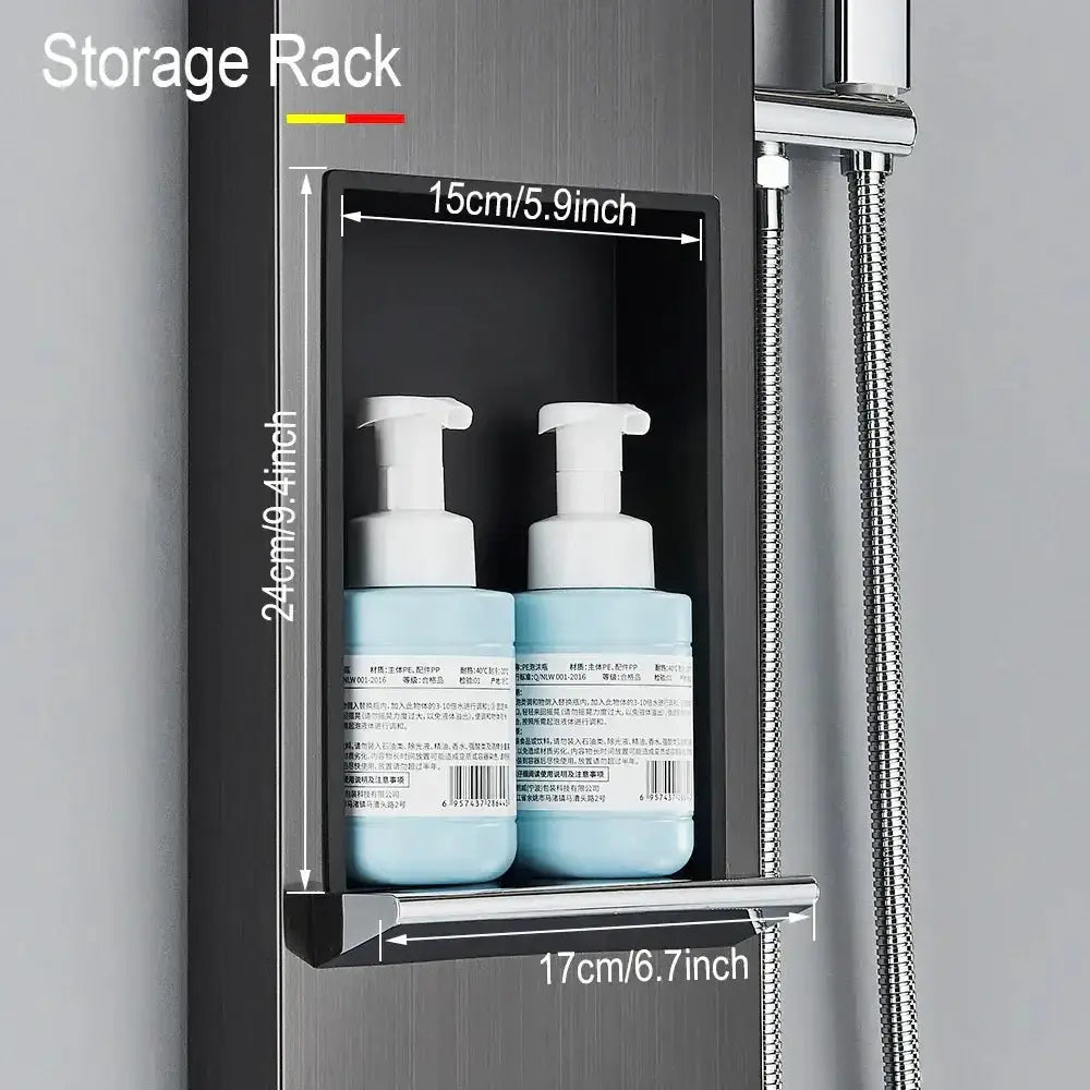 Black and Chrome Rainfall Shower Panel with Rack