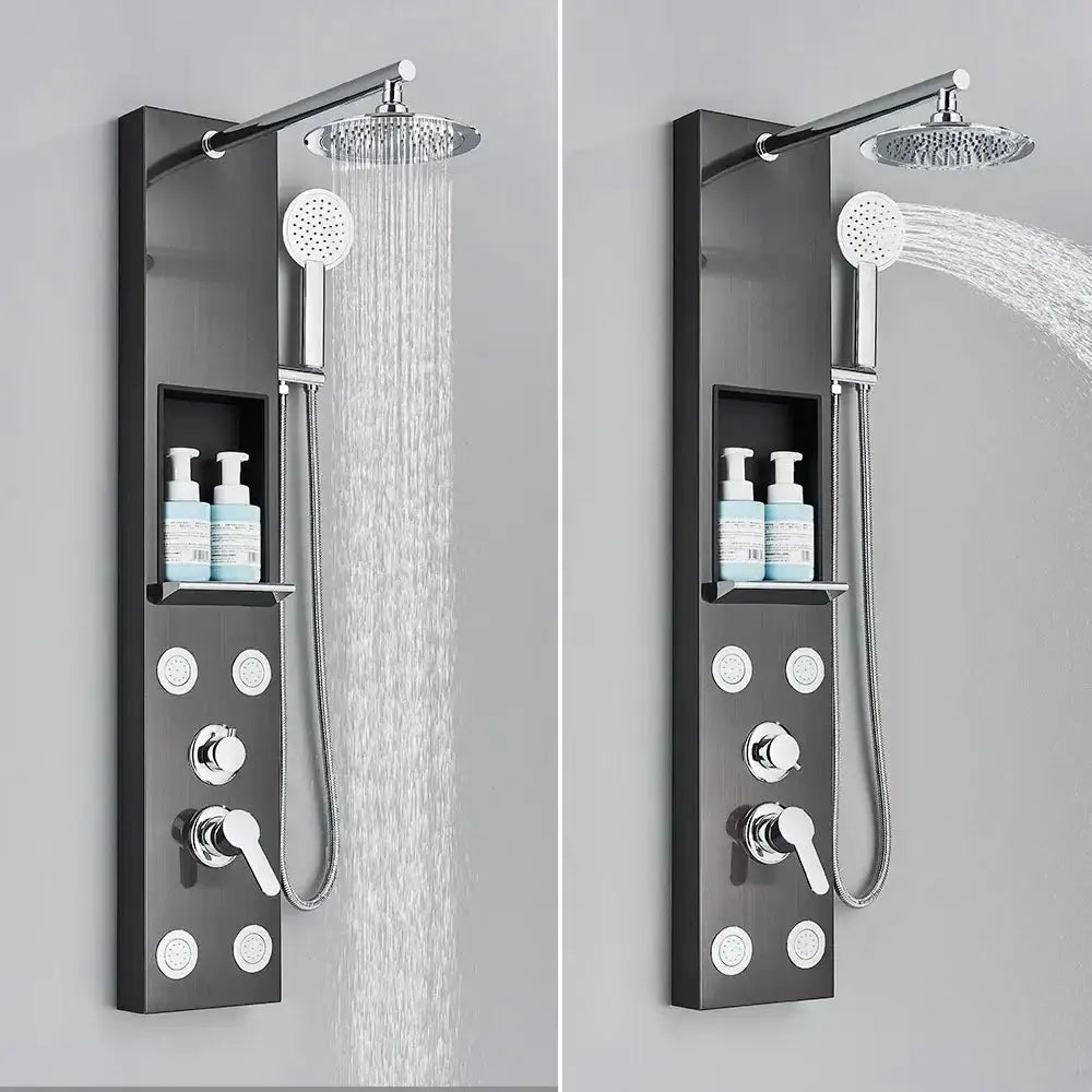 Black and Chrome Rainfall Shower Panel with Rack