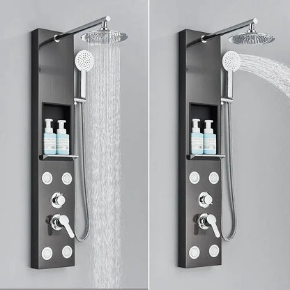 Black and Chrome Rainfall Shower Panel with Rack