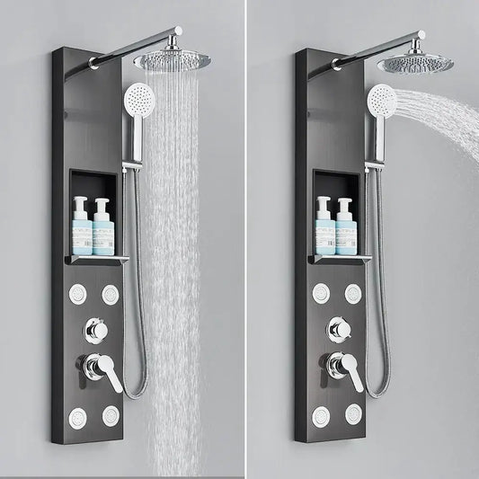 Black chrome rainfall shower panel with storage rack and handheld shower Decorbites on Tampa Home & Garden Store