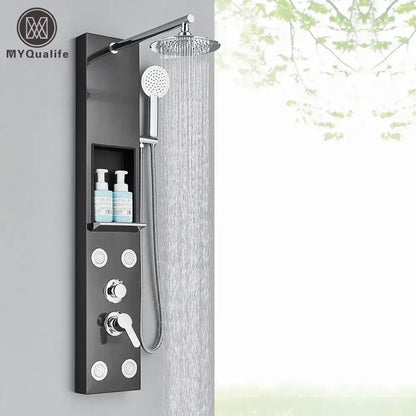 Black and Chrome Rainfall Shower Panel with Rack