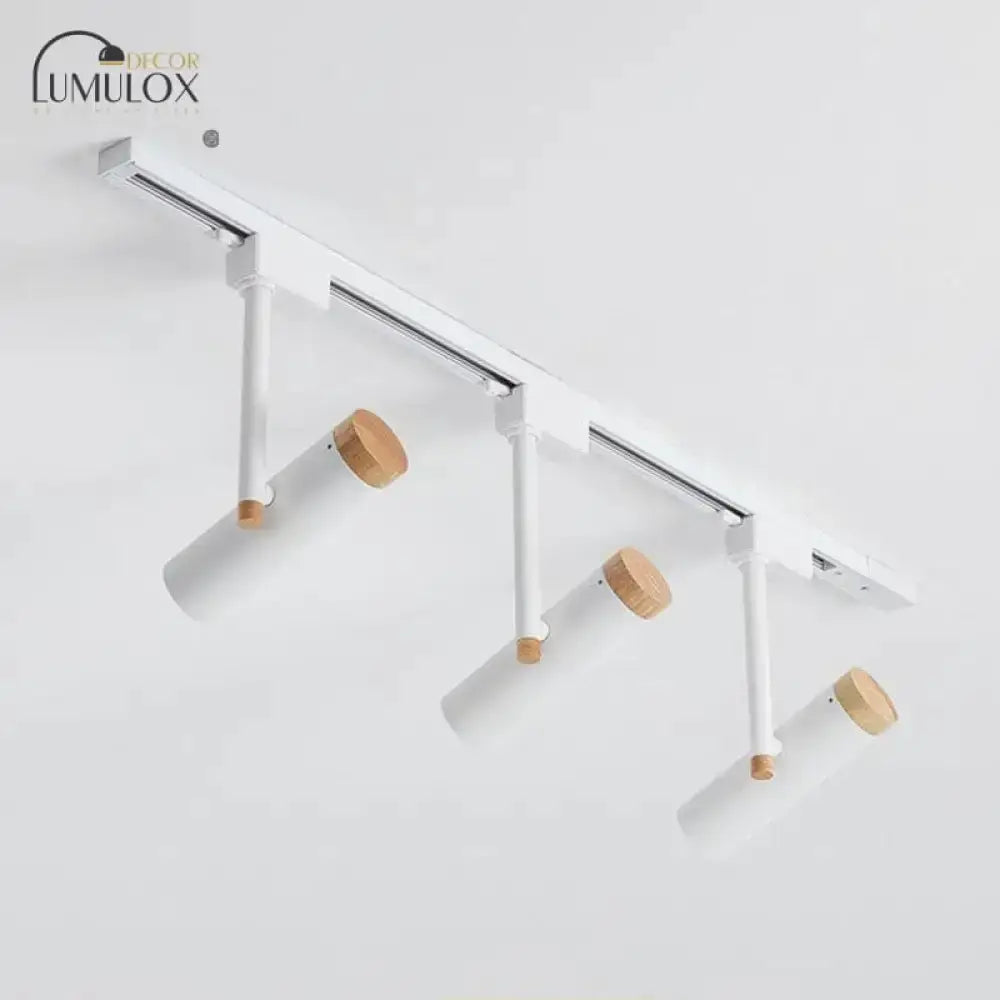 Ceiling track lamp by Decorbites, white 3-light with cylindrical shades and wood end caps on Tampa Home & Garden Store