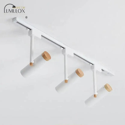 Ceiling track lamp by Decorbites, white 3-light with cylindrical shades and wood end caps on Tampa Home & Garden Store