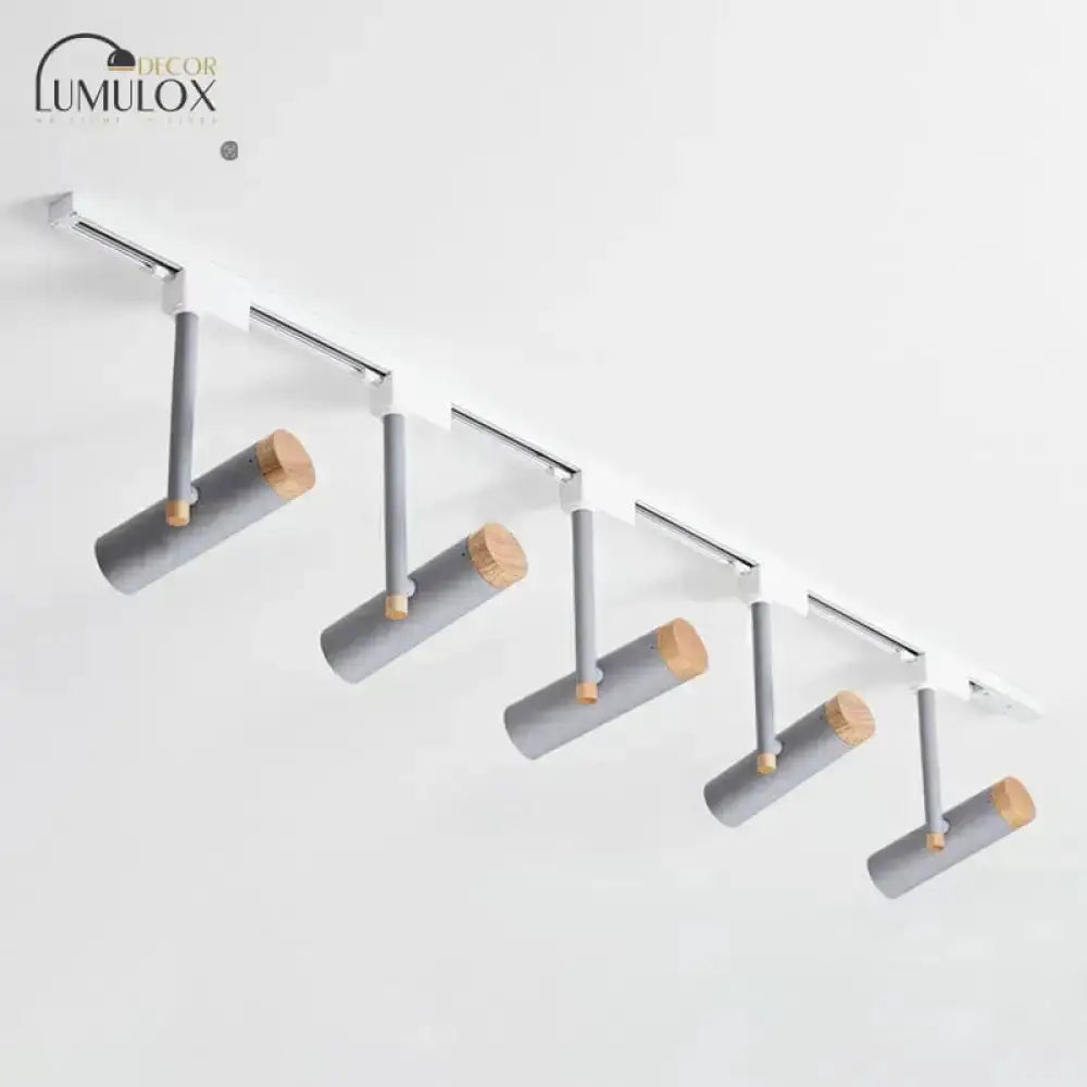 Five-light ceiling track lighting Decorbites with gray cylindrical spotlights and wood end caps on Tampa Home & Garden Store