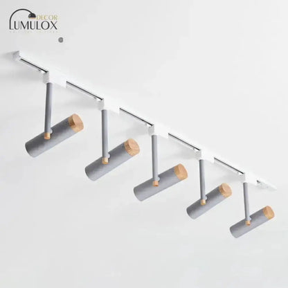 Five-light ceiling track lighting Decorbites with gray cylindrical spotlights and wood end caps on Tampa Home & Garden Store