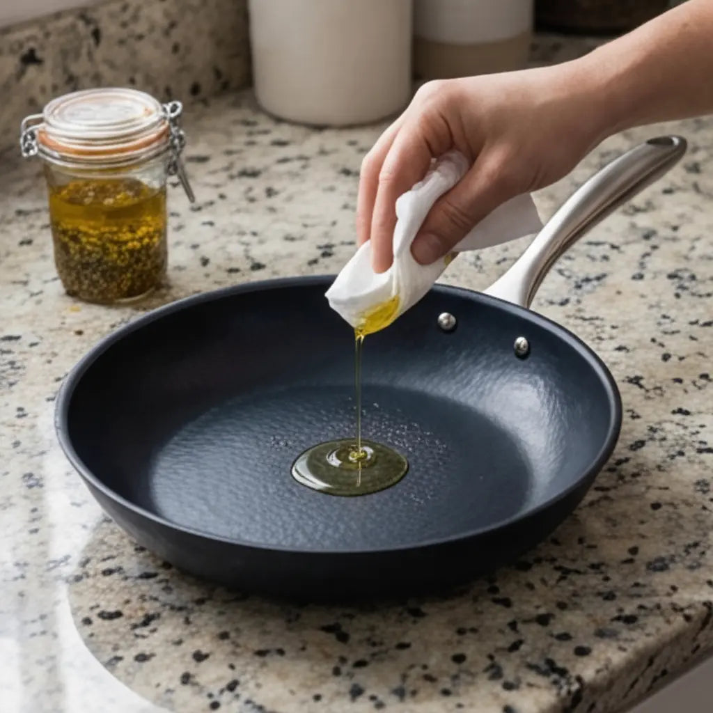 Alva Cookware carbon steel frying pan with stainless handle, oil being poured into pan on Tampa Home & Garden Store